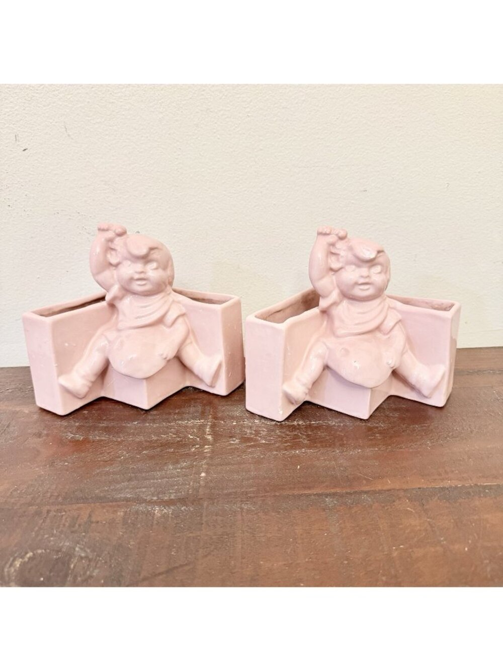 Vintage Pink Ceramic Girl Figurine Planters Pair Retro Kitsch Nursery Decor